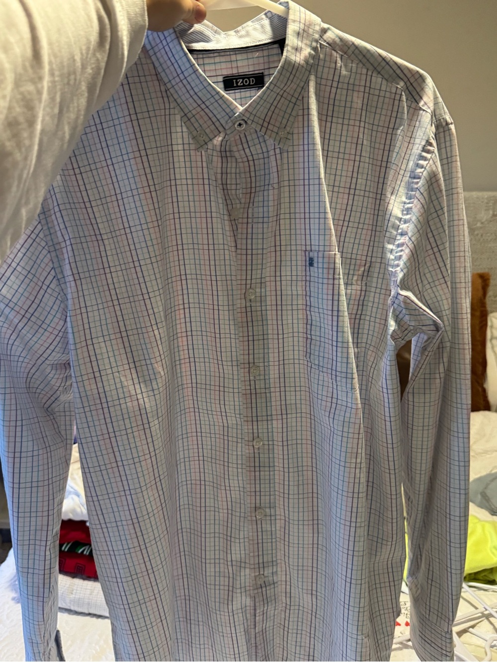 Izod White Button-Down Shirt with Blue and Pink Windowpane Stripes